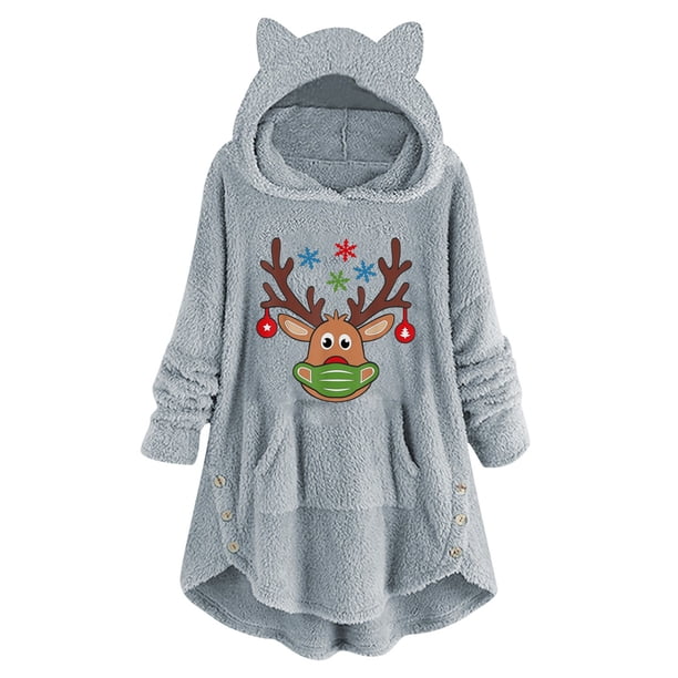 Top de abrigo de felpa con capucha y manga larga con botones de felpa con estampado navideño informal para mujer Pompotops FGAJ22634