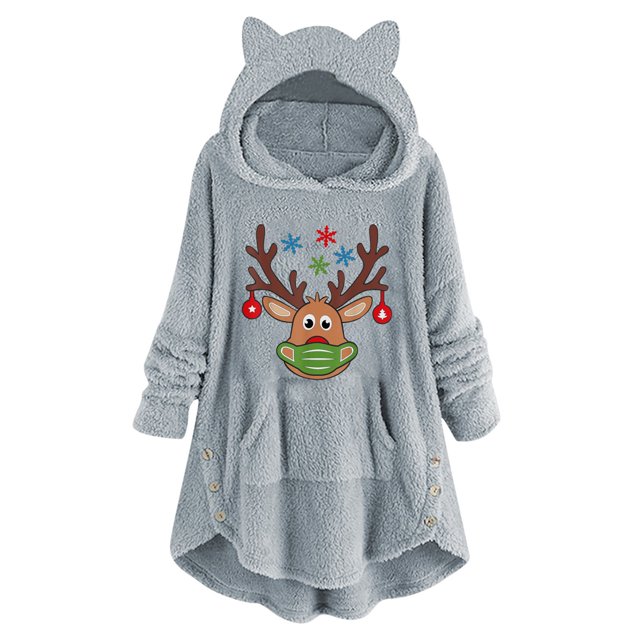 Abrigo de Piel Sintética Para Mujer Estampado Navideño Casual Botones de Felpa Manga Larga Abrigo de Felpa Con Capucha Top Odeerbi ODB185741