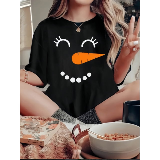 T-shirt Graphique Décontracté Bonhomme de Neige pour Femmes - Col Rond, Manches Courtes, Mélange de Polyester Extensible, Lavable en Machine - Parfait pour l'Été et les Fêtes