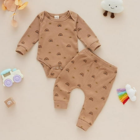 

Clearance Sale Infantborn Baby Girl Boy Clothes Spring Autumn Ribbed Rainbow Print Sets Long Sleeve Bodysuits + Pants 2Pcs Outfits