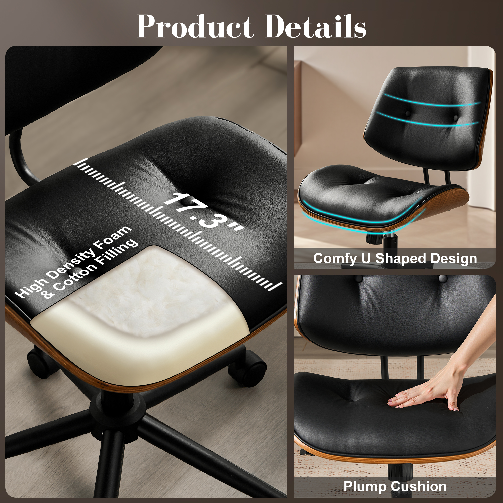 Toject Office Chair, Task Chair with Wooden Back, Mid-Century Modern Computer Chair, Armless Desk Chair for Home Office, Black