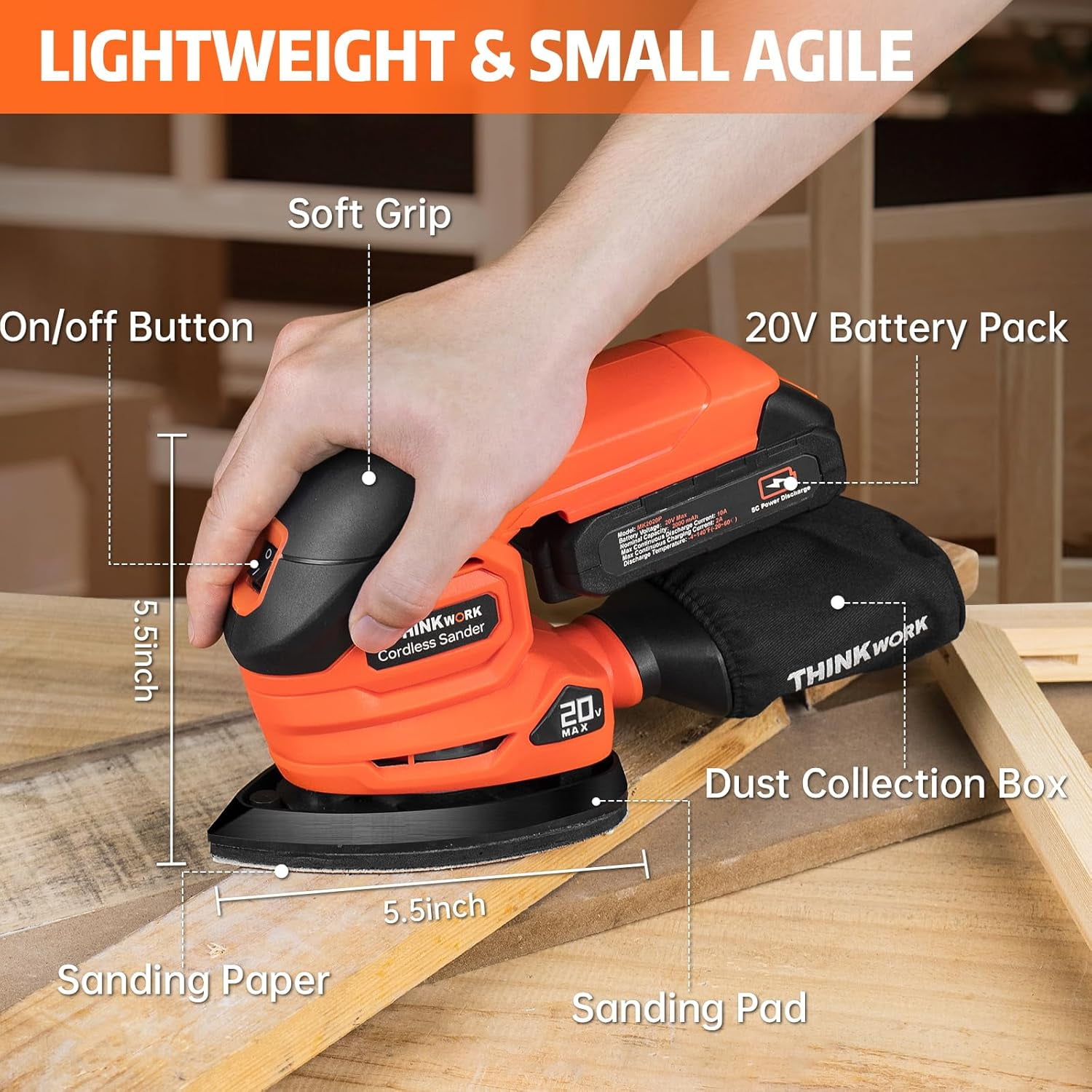 Cordless Detail Sander – THINKWORK 20V Electric Hand Sander, 12000 OPM, With Dust Bag & 21 Sandpapers | For Wood, Metal, DIY Projects