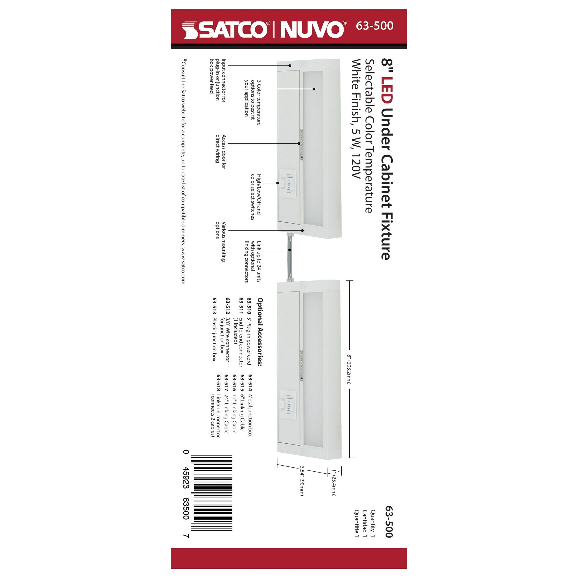 63/500-Nuvo Lighting-5W LED Under Cabinet Light In 1 Inches Tall and 3.5 Inches Wide