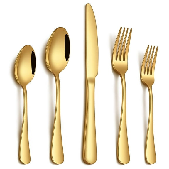 20 Piece Gold Stainless Steel Cutlery Set, Complete Silverware Flatware for 4 Includes Knife Fork Spoon, Mirror Polish Dishwasher Safe for Home Restaurant, Gold