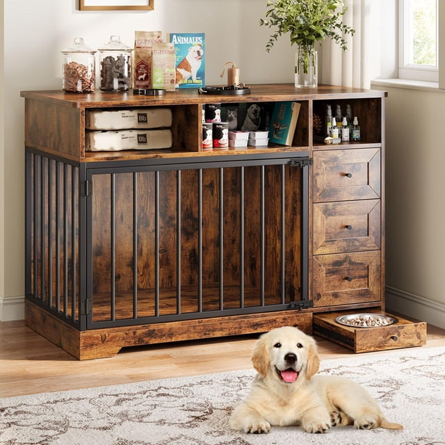 Meuble Cage pour Chien de 48 Pouces, Chenil Rustique Robuste pour Chien avec Bol et Tiroirs de Rangement, Cage pour Chien de Taille Moyenne avec Table d'Appoint pour Petits et Moyens Chiens, Brun Rétro