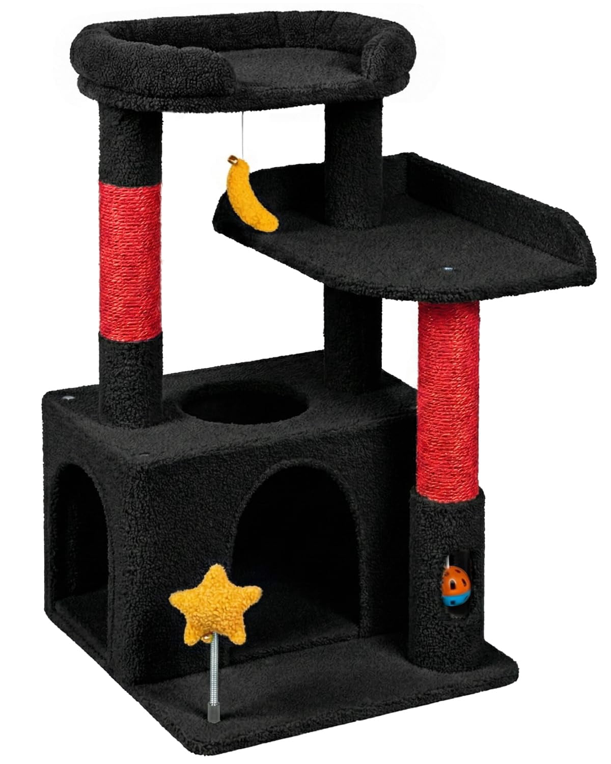 32in Cute Cat Tower For Indoor Cats With Condo  Plush Platform Hammock Sisal Posts Dangling Ball Tall Tree Self-grooming Brush (jet Black)