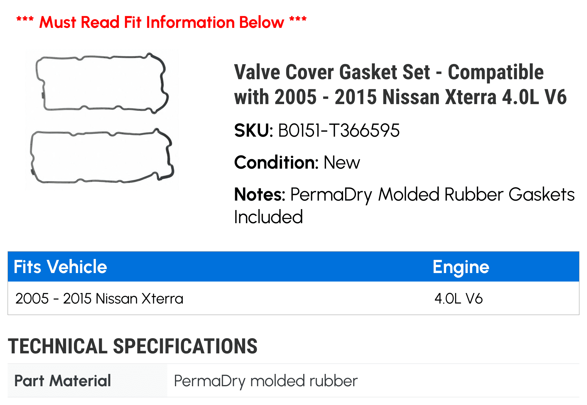 Valve Cover Gasket Set - Compatible with 2005 - 2015 Nissan Xterra 4.0L V6 2006 2007 2008 2009 2010 2011 2012 2013 2014