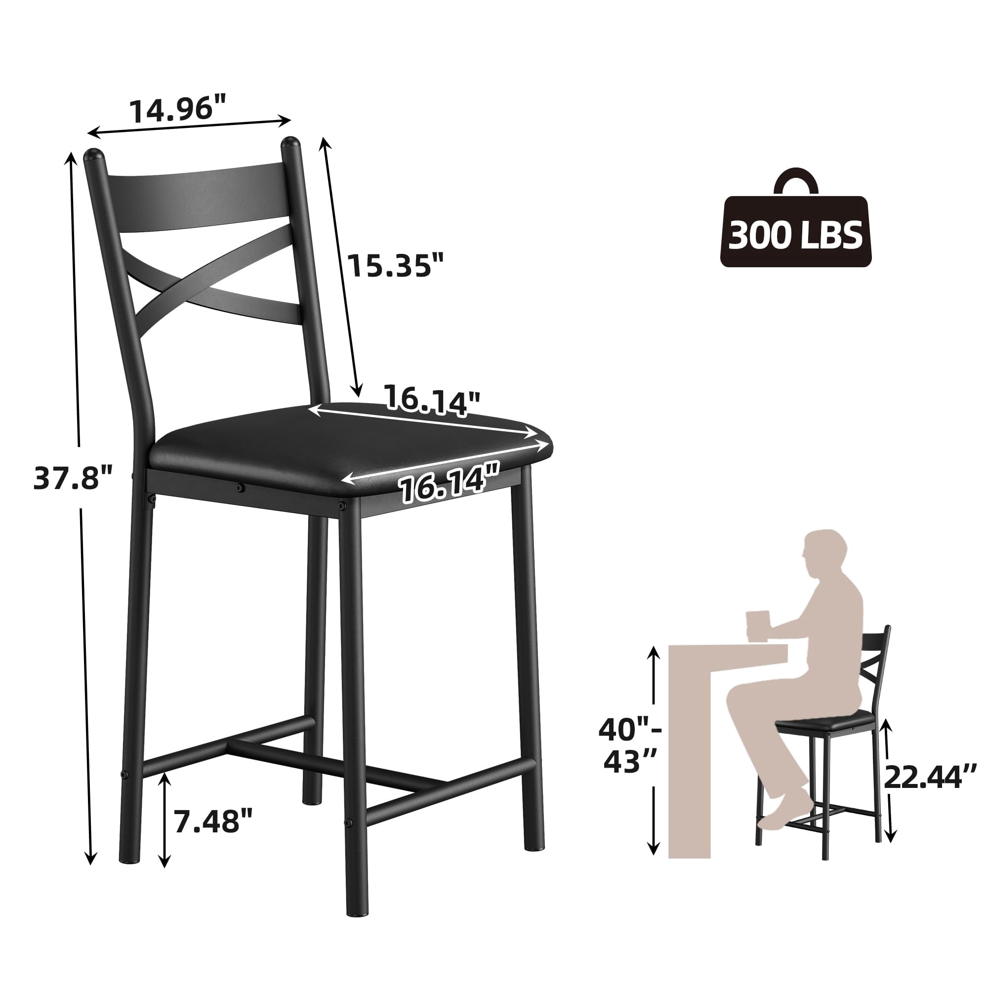 WildBreak 22 inch High Back Bar Stools Set of 4,Upholstered Bar Chairs with Back for Kitchen, Black