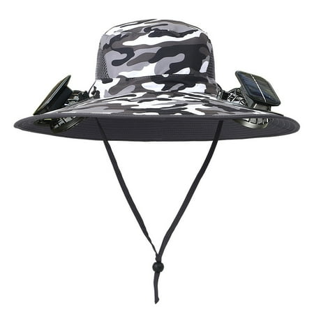 Kitem Men Fisherman Hat with Dual Solar Fan Large Brim Windproof Strap USB Charging Anti UV Sunlight Quick Dry Great Breathability Outdoor Fishing Camping Travel Cap