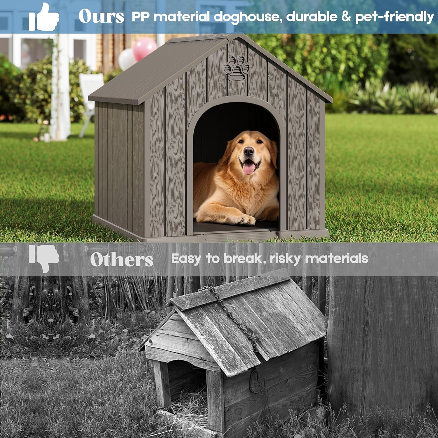 Large Dog House Outdoor Indoor, Durable Plastic Waterproof Doghouse with Air Vents and Elevated Floor, Easy Clean and Assemble for Medium Large Dogs (Classic Grey, 36.2''L×38''W×38''H)