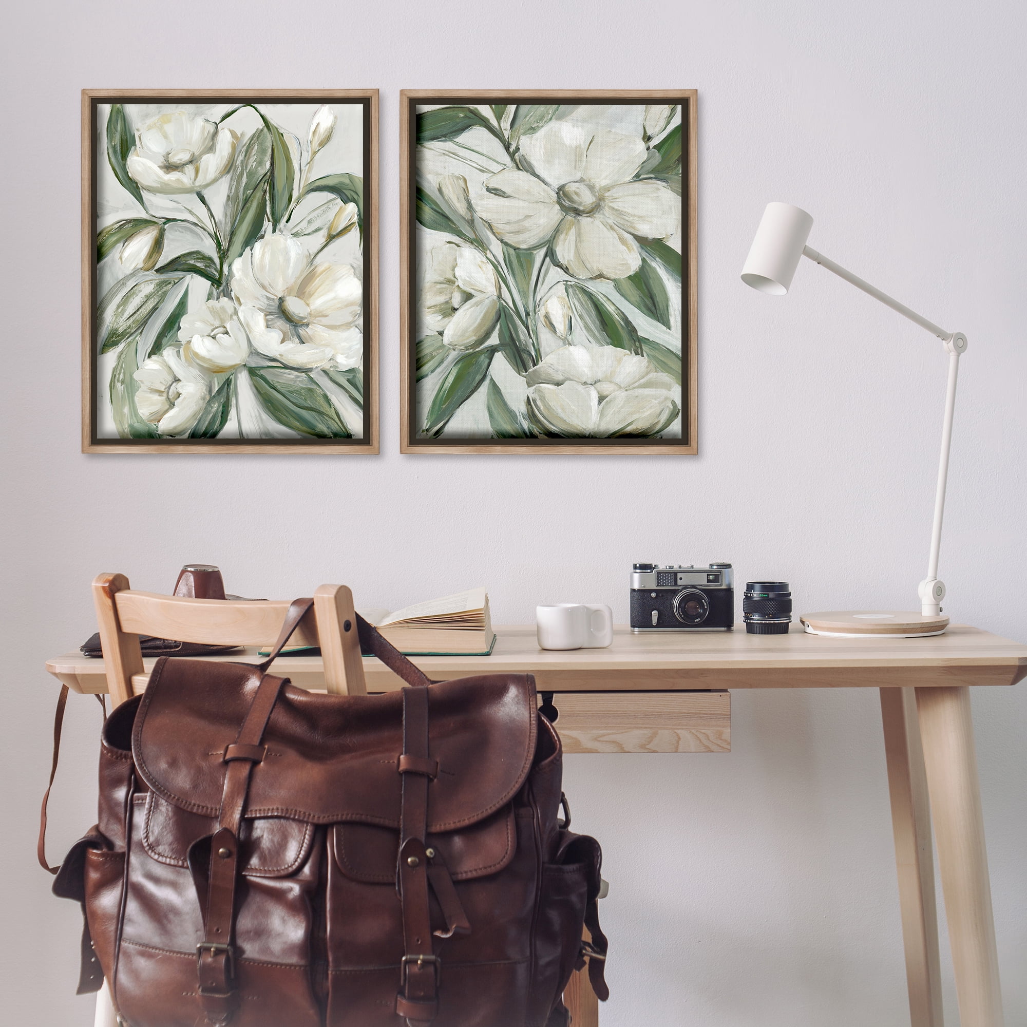 Stupell Industries White Blossoms & Leaves Plants & Flowers Painting Brown Floater Framed Canvas Art Print Wall Art, 31 x 25, Set of 2