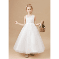 thumbnail image 4 of Floor length Flower Girl Dress with Detachable Beaded Waistband Scoop Neck Tulle Lace Princess Pageant Dress Birthday Party Dress for Girls Elegant Floral Design Special Occasion white 4 -5 Years, 4 of 9
