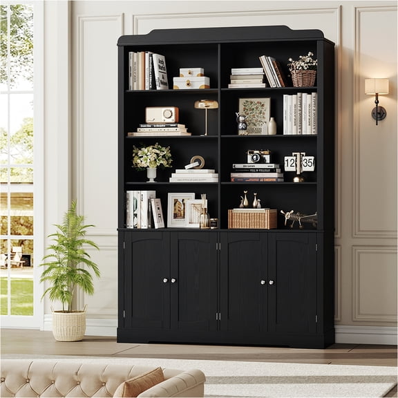 Homfa 73'' Tall Bookcase with 4 Doors, 6-Tier 8 Cubes Display Bookshelf, Double Row Bookcase with Adjustable Shelves for Living Room Home Office, Black