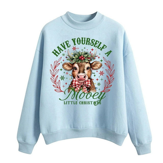 HNMKIU Hauts pour Femmes Imprimé Vache de Noël Chandail Col Rond Manches Longues Chandail en Molleton Imprimé Vache Col Rond