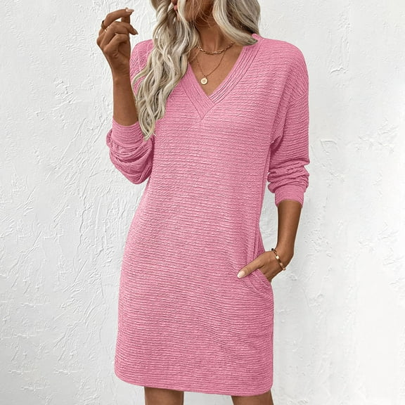 ClodeEU Women Fall Long Sleeve V Neck Dresses,Solid Casual Tunic Mini Dress with Pockets Pink,Womens Plus XL