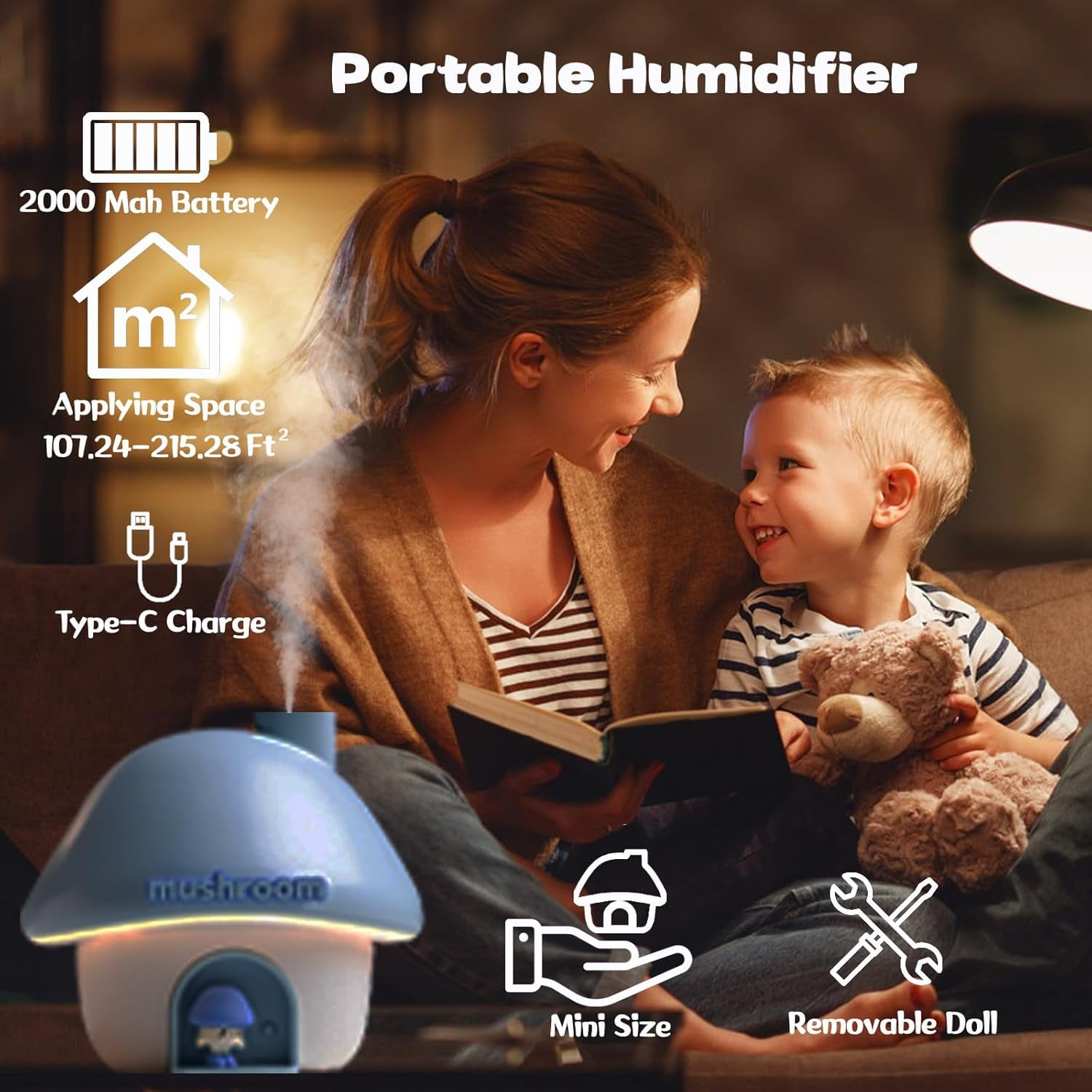 Small Humidifier for Bedroom, 300ML Mushroom House Mini Humidifier with 6 Colors Sunset Light, 2 Spray Modes Portable Baby Humidifier, Cute Rechargeable Mushroom Night Light for Kids