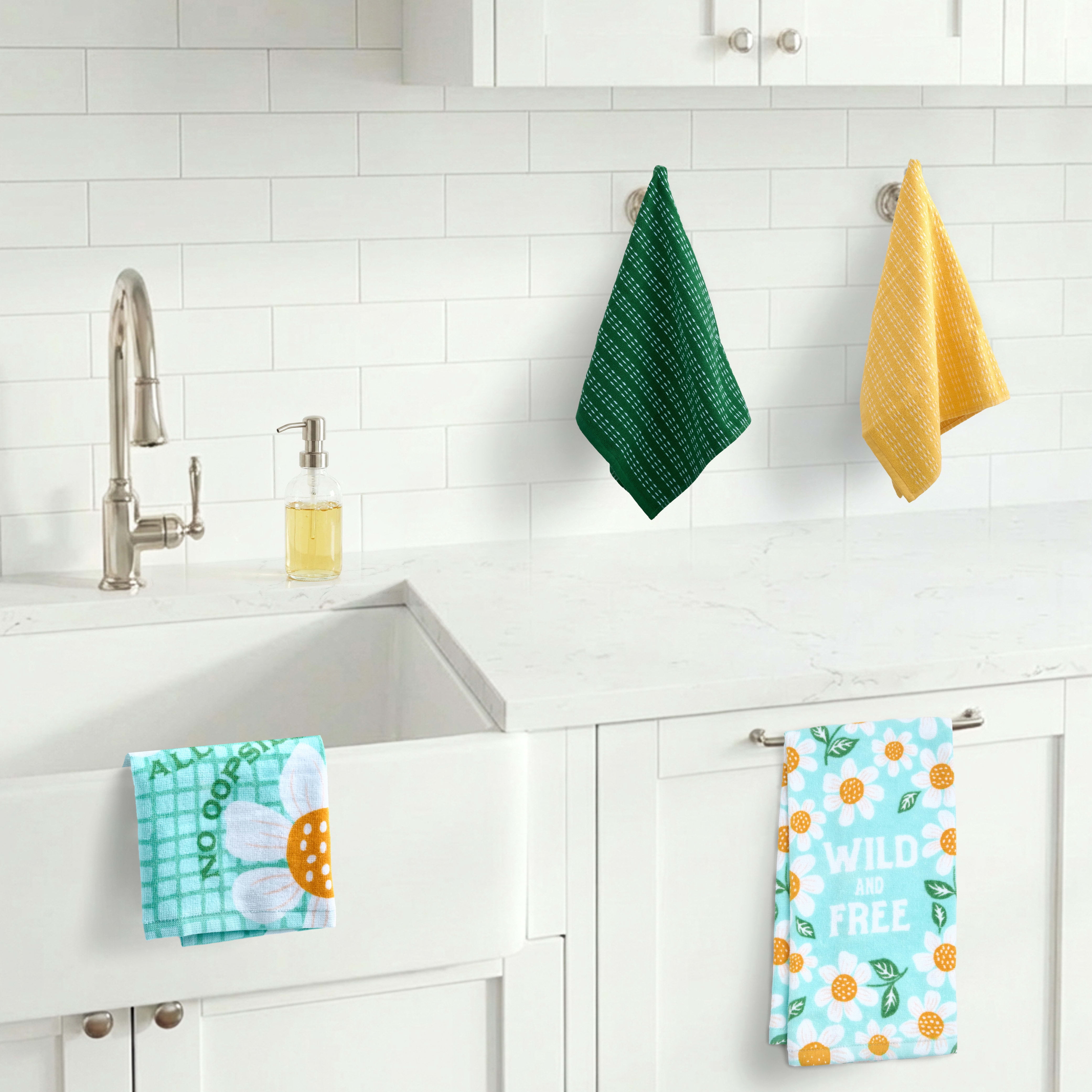 RITZ 100% Cotton Summer Kitchen Towels, Set of 4, Daisy Free Dish Towels Set