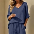 thumbnail image 2 of CYMMPU Women's Summer Linen Blend 2-Piece Outfit, V-Neck 3/4 Sleeve Top with Drawstring Pants, Casual Loungewear Set Navy XL, 2 of 7