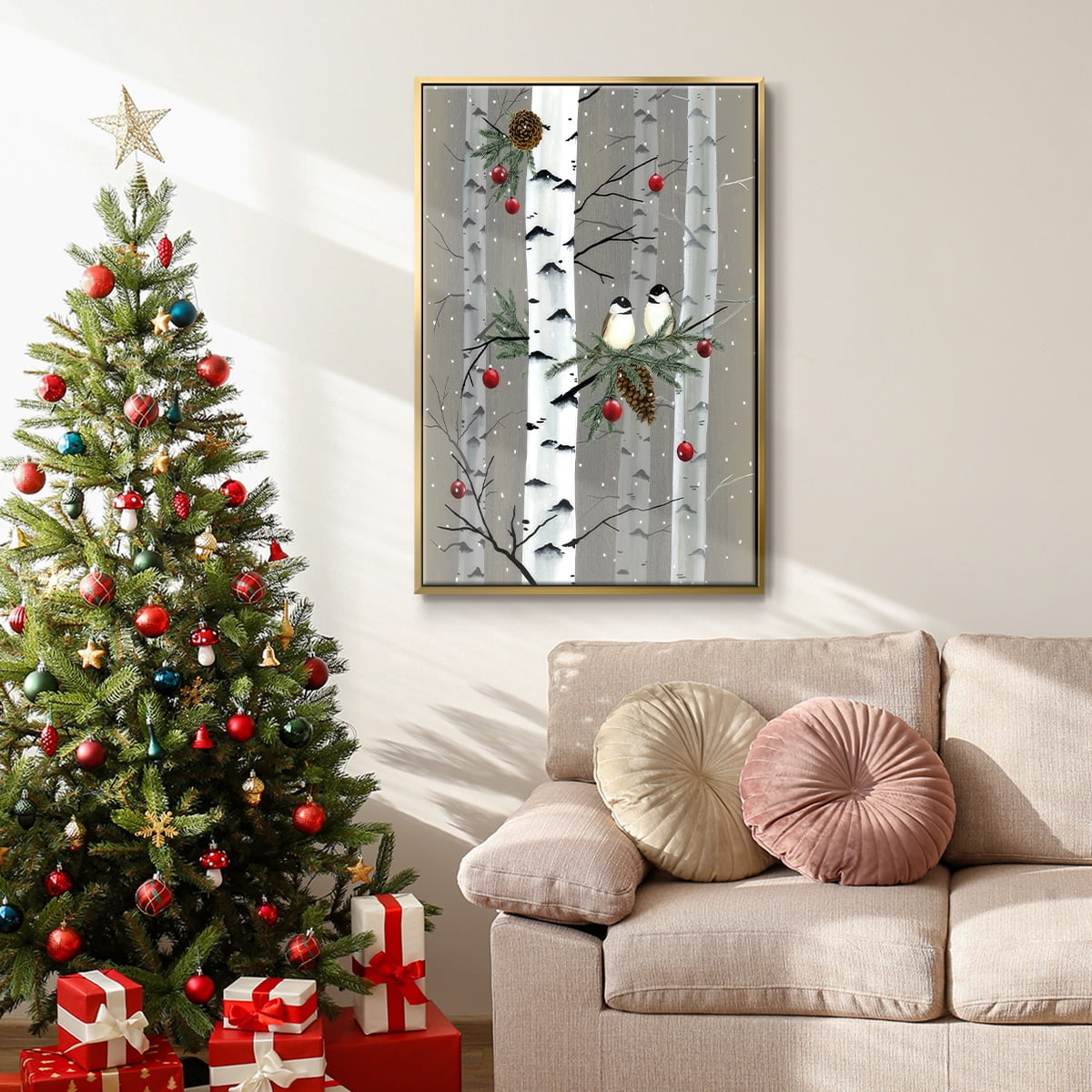 Birch Birds I - Framed Gallery Wrapped Holiday Canvas - 27 x 41 - Gold Frame