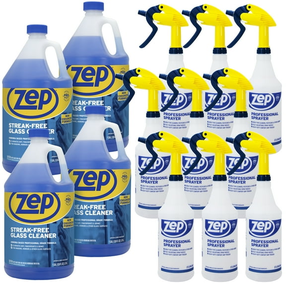 Zep Streak-Free Glass Cleaner 1 Gal (Case of 4) & Professional Sprayer Bottle (Case of 9) - ZU1120128 & HDPRO9 - Ammonia Based Professional Grade Formula