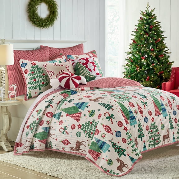 Levtex Home - Tree Festival Quilt Set - Twin Quilt (68x86in) and Standard Sham (20x26in) - Christmas Tree Holiday Design - Red, Green, Teal & Ivory - Reversible - Polyester with Cotton-Rich Fill
