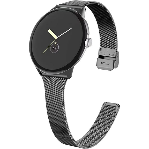 KOMI Slim Metal Bands for Google Pixel Watch 3/41mm, Watch 2 - Grids Thin Stainless Steel Mesh Loop Snap Clasp Strap Replacement for Fitness & Health Tracker Black