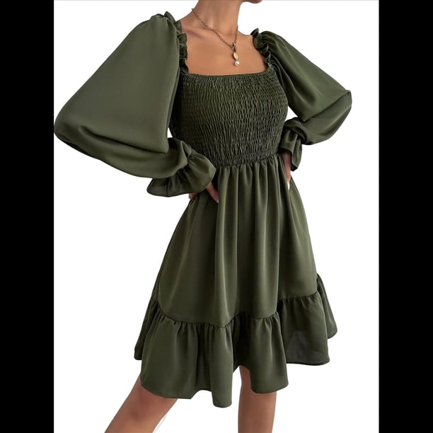 Vestido Mini de Fiesta Fluido con Escote Cuadrado, Larga, Volantes y Farol para Mujer Verde XXL