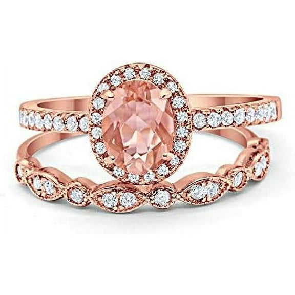 Divine Creation 925 Sterling Silver 2.20 Ct Oval Cut Morganite Wedding Engagement Thanksgiving Christmas Bridal Ring Set 14K Rose Gold Plated For Women's -4