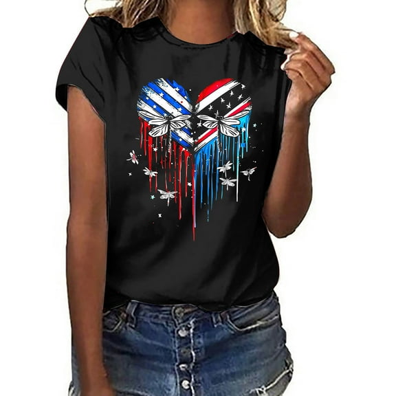 Qetyuw Women's 4th of July Shirts Casual Patriotic Red White and Blue Graphic Tshirts Loose Fit Short Sleeve Tees Trendy Crew Neck Blouses Tops Y2k Tops