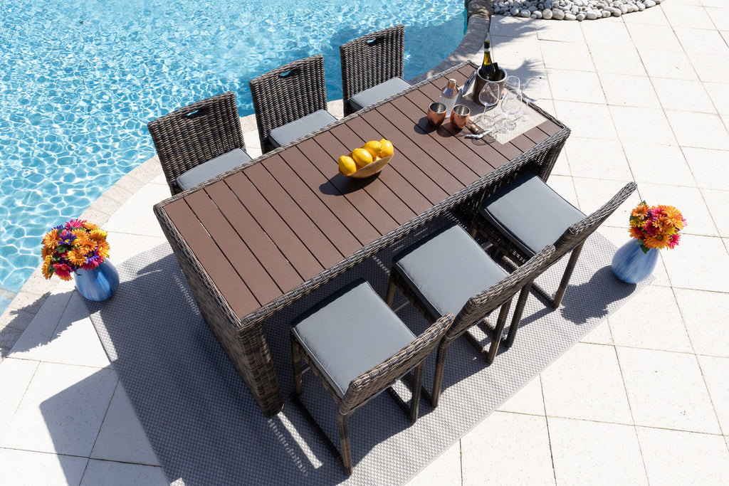 Tuscany 7-Piece Resin Wicker Outdoor Patio Furniture Bar Set with Bar Table and Six Bar Chairs (Half-Round Brown Wicker, Sunbrella Canvas Taupe) - image 1 of 5