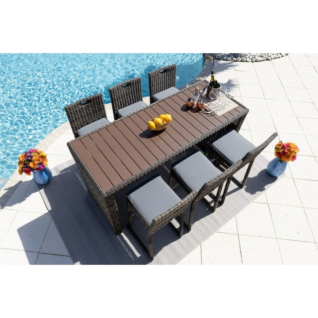 Tuscany 7-Piece Resin Wicker Outdoor Patio Furniture Bar Set with Bar Table and Six Bar Chairs (Half-Round Brown Wicker, Sunbrella Canvas Taupe)