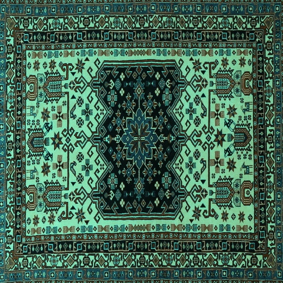 Ahgly Company Machine Washable Indoor Square Persian Turquoise Blue Traditional Area Rugs, 3' Square