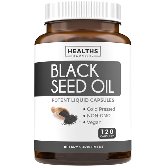 Aceite de Semilla Negra Healths Harmony 1000 mg, Nigella Sativa Prensado en Frío, Con Vitamina E, Salud de la Piel, 120 Cápsulas Blandas