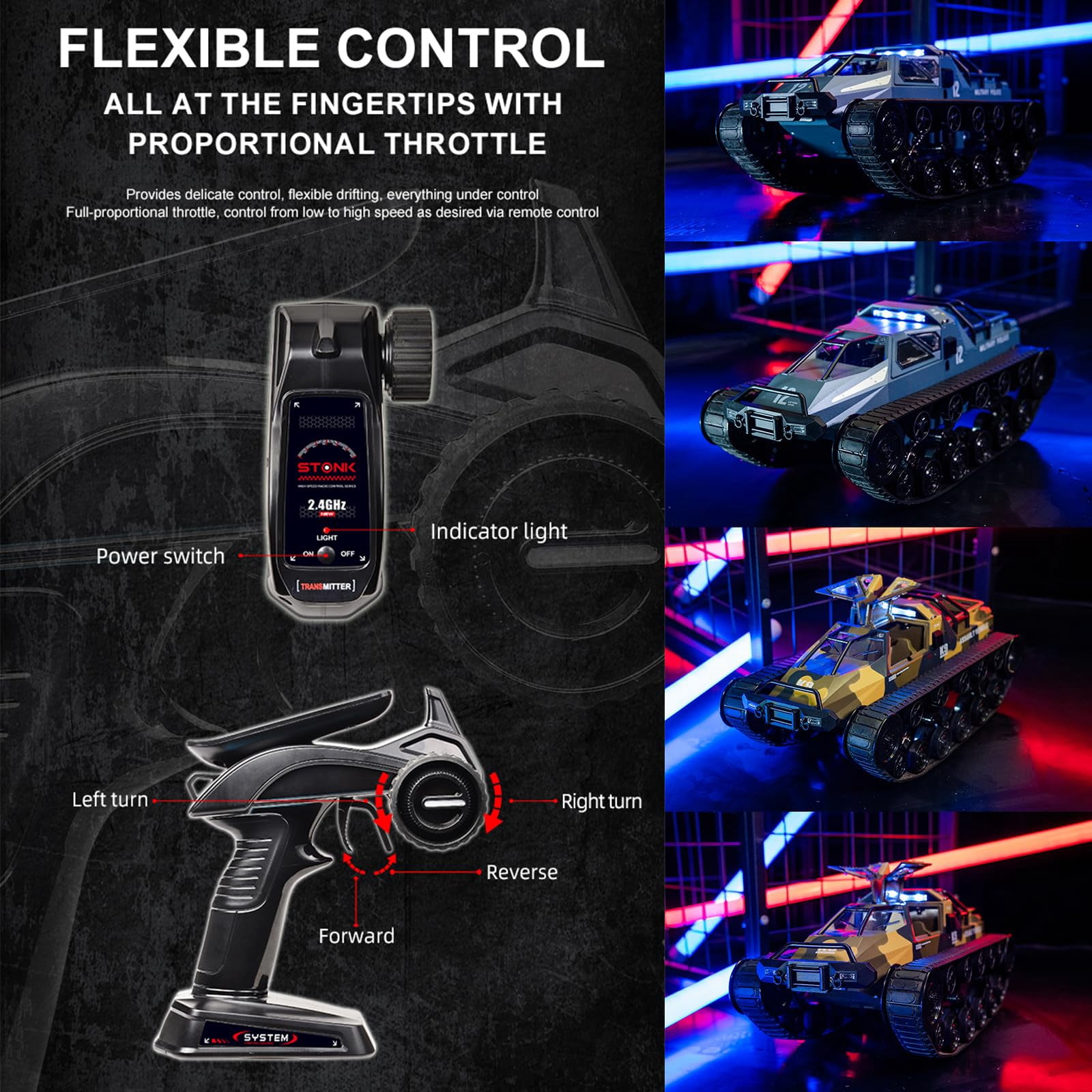 RC Tank Car, 1:12 Remote Control Crawler High Speed Tank, 2.4Ghz RC Rock Crawler Off-Road 4WD with 2 Battery, Military Truck Toy for Adults and Kids