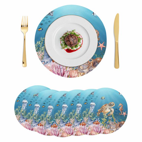 Turtle Coastal Round 15 Inch Placemats Set of 6, Nautical Ocean Summer Beach Coral Octopus HeatResistant Non Slip Place Mats for Dining Table, Wipeable Braided Kitchen Table Mats for Housewarming