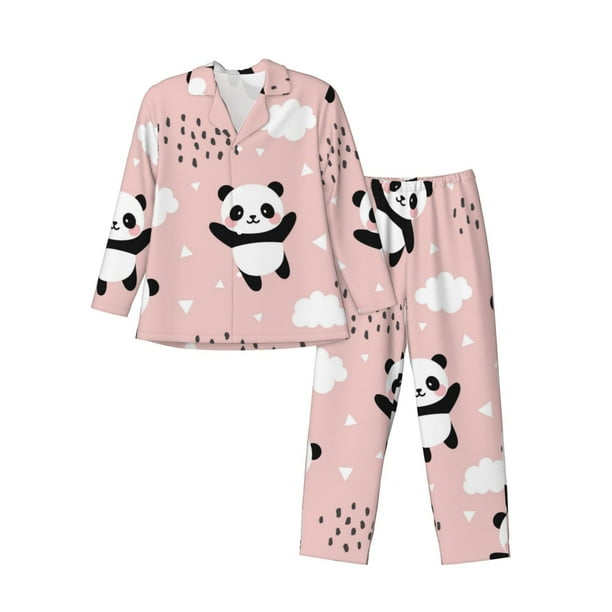 Balery Panda Pijama para Hombre de Dos Piezas con Manga Larga, Conjunto de Dormir y Descanso Suave con Bolsillos-Large