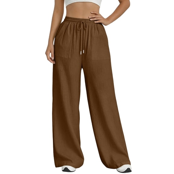 aohooy Linen Pants Plus Women Drawstring Elastic Waist Pants Loose Summer Casual Flowy Wide Leg Beach Trousers with Pockets 2026 Brown,M