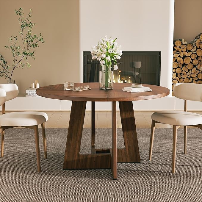 Gelloan 47" Round Dining Table for 4-6 Persons, Modern Farmhouse Wooden Kitchen Table for Dining Room Kitchen,Brown (Only Table)