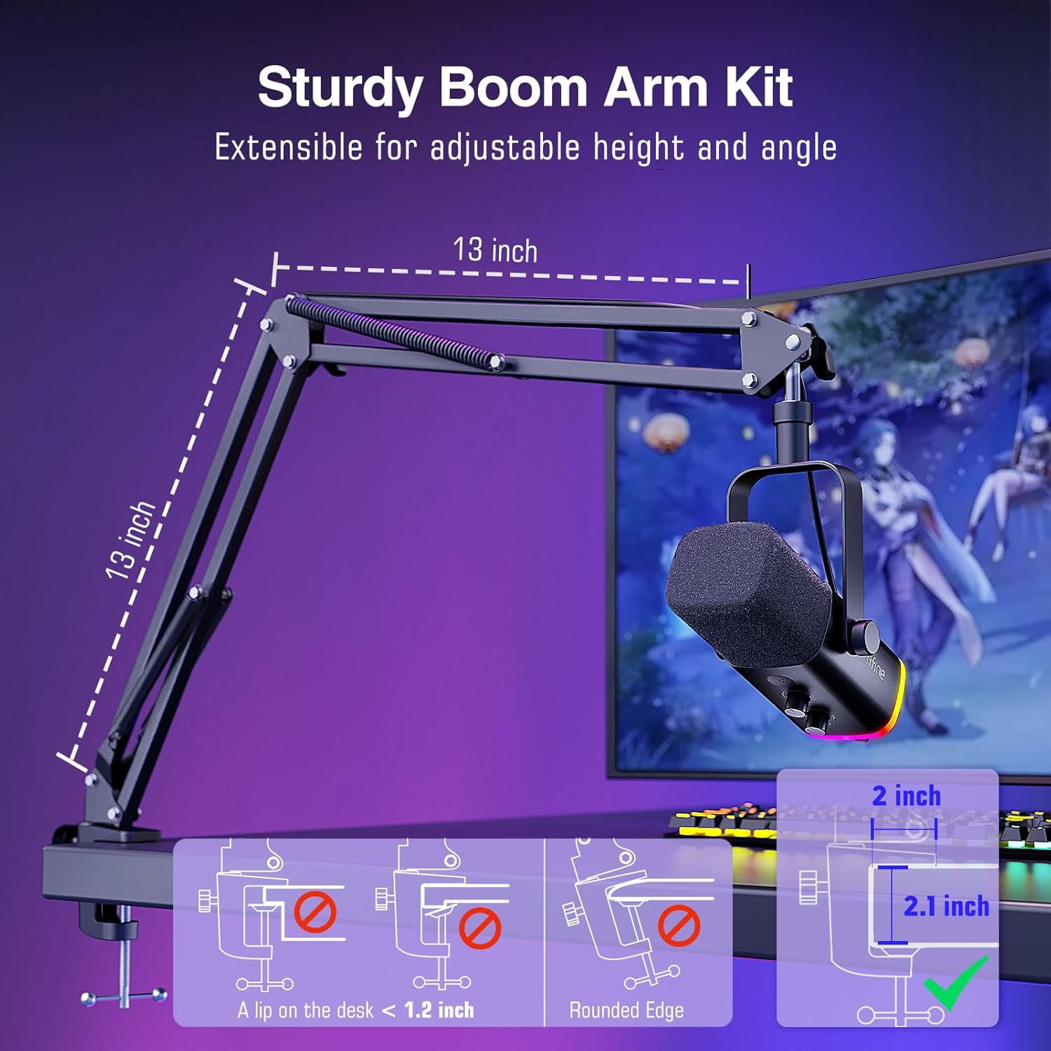 Dynamic Gaming Microphone with RGB Light and  Arm Stand Kit for PC Streaming Podcast Recording