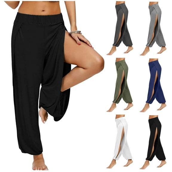 DDAPJ pyju Women's Yoga Harem Pants Side Slit Joggers Active Workout Sweatpants Beach Cover-up Pants Dark Gray M