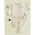 thumbnail image 2 of BblyThe 0-3T Toddler Baby Boys Fall Outfits Checkerboard Patchwork Long Sleeve Sweatshirts and Elastic Waist Pants Outfits, 2 of 9