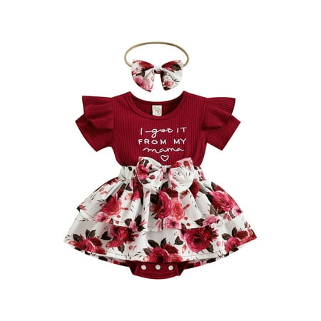 

Suagox Baby Girls Romper with Headband Flower Print Fly Sleeve Crew Neck Summer Skirt for 0-18 Months Toddlers