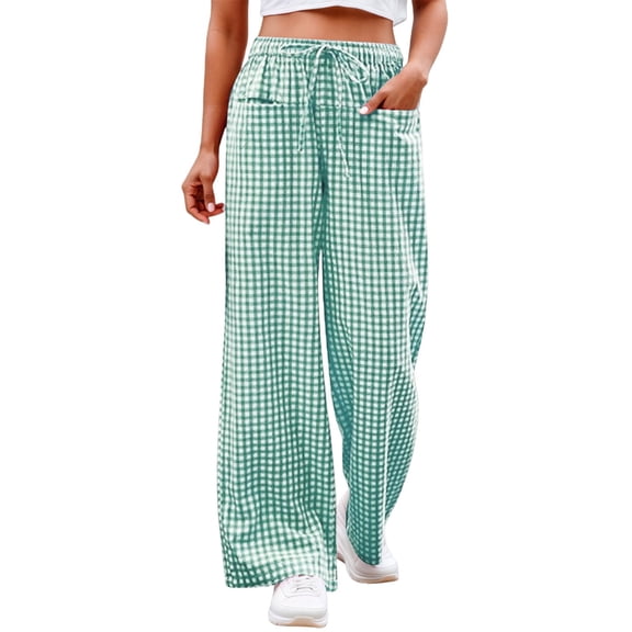 XAOFW Women's Casual Pants Plaid Elastic Waist Drawstring Loose Fit Straight Leg Trouser Everyday Wear Stylish Cozy Slacks