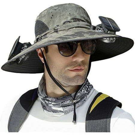 Solar Powered Fan Hat with 2 Removable Fans Wide Brim Sun Hat for Men Women Outdoor Fishing Hiking Gardening USB Solar Charging
