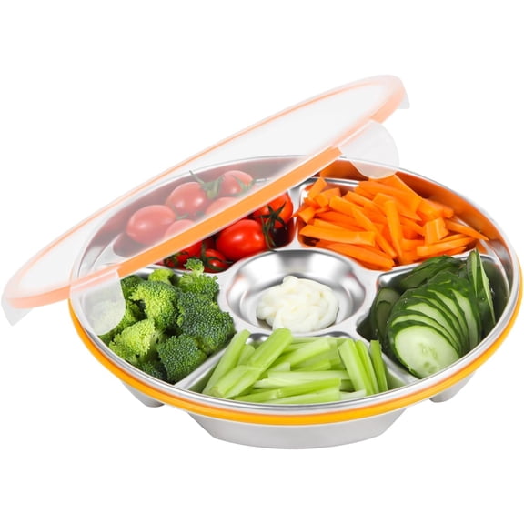 ABCISI 6-Compartment Stainless Steel Serving Tray with Lid - 10-inch Divided Snack/Vegetable/Fruit Tray for Christmas Parties, Snackle Box & Platter Container