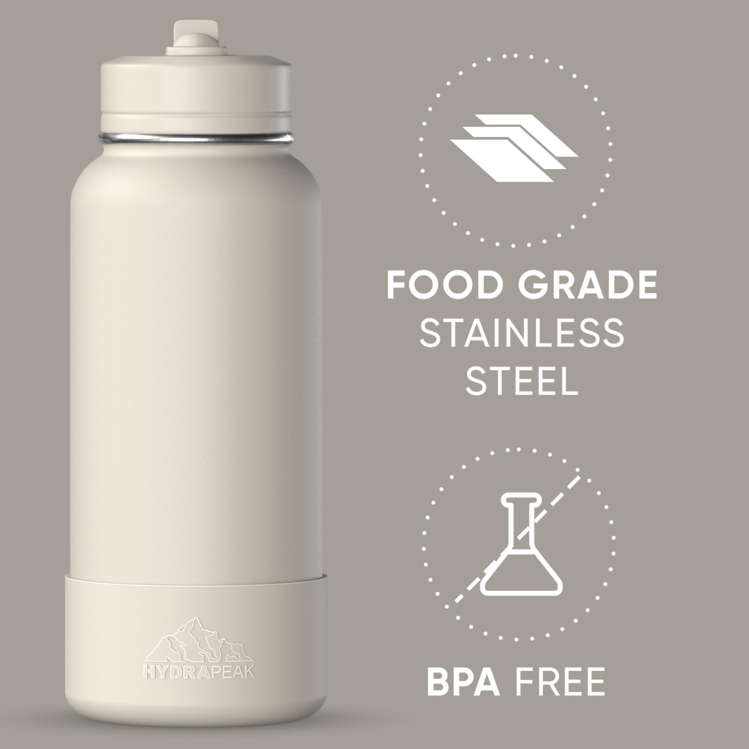 Hydrapeak 32oz Sport Insulated Water Bottle with Straw or Chug Lid, Leak & Spill Proof, Keeps Drinks Cold for 24 Hours, Hot for 12 Hours, Premium Stainless Steel Water Bottles (32oz, Stone)