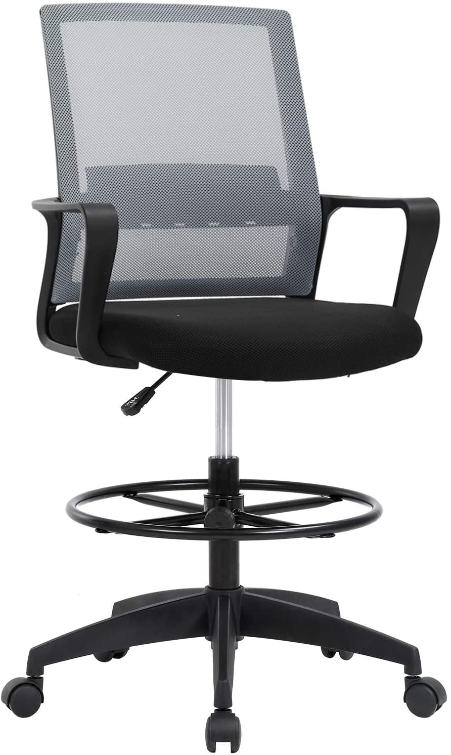 Black Drafting Chair Stool Office Ergonomic Footrest Leather Tall Arms Footrest Height Adjustable Ribbed Mid-Back Tilt-Tension Control Rocker Lumbar Support Swivel Rolling Cushioned 400lb BIFMA 