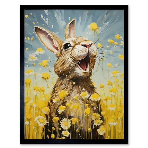 The Happy Bunny Rabbit Playing in a Field of Daisies Vibrant Oil Painting Kids Bedroom Blue Yellow Bright Summer Meadow Art Print Framed Poster Wall Decor 12x16 inch
