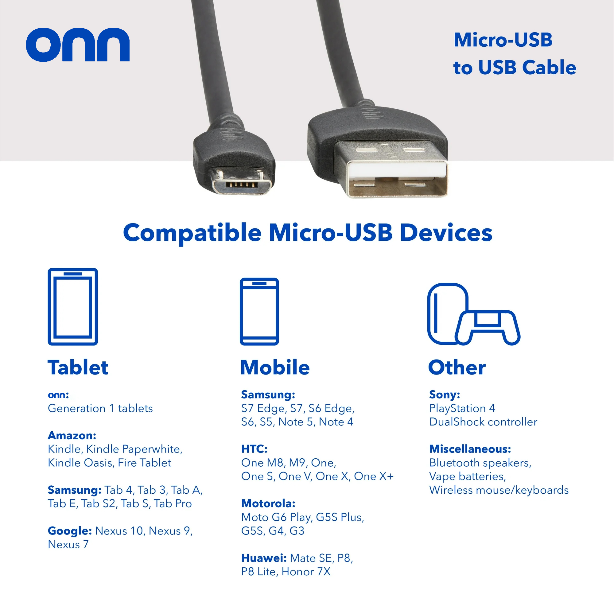 Cable de carga onn de 3 pies Micro-USB a USB, negro 5