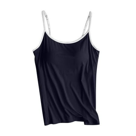 UYISJ Tank Tops for Women Adjustable Spaghetti Strap V Neck Tops with Built in Bra Casual Soft Stretchy Modal Cami Solid Color Casual Lounge Basic Layer Padded Tops Navy 4XL